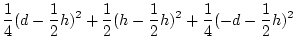 $\displaystyle \frac{1}{4}d^2 - \frac{1}{4}dh + \frac{1}{16}h^2 +
\frac{1}{8}h^2 + \frac{1}{4}d^2 + \frac{1}{4}dh + \frac{1}{16}h^2$