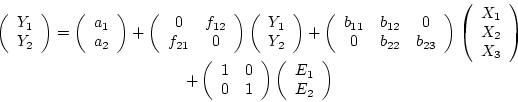 \begin{displaymath}
\bf y = \bf a + \bf F \bf y + \bf B \bf x + \bf I \bf e
\end{displaymath}