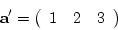 \begin{displaymath}{\bf a}^{\prime}{\bf a} =
\left( \begin{array}{rrr} 1 & 2 &...
...1 \ 2 \ 3 \end{array} \right) \\
= 1^{2}+2^{2}+3^{2} = 14
\end{displaymath}